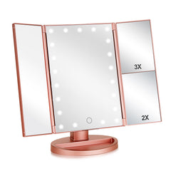 Flymiro tri-fold lighted vanity mirror front view highlights rose-gold elegance for daily grooming.
