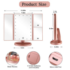 Flymiro vanity mirror open tri-fold showcases 3-panel layout ideal for makeup application.
