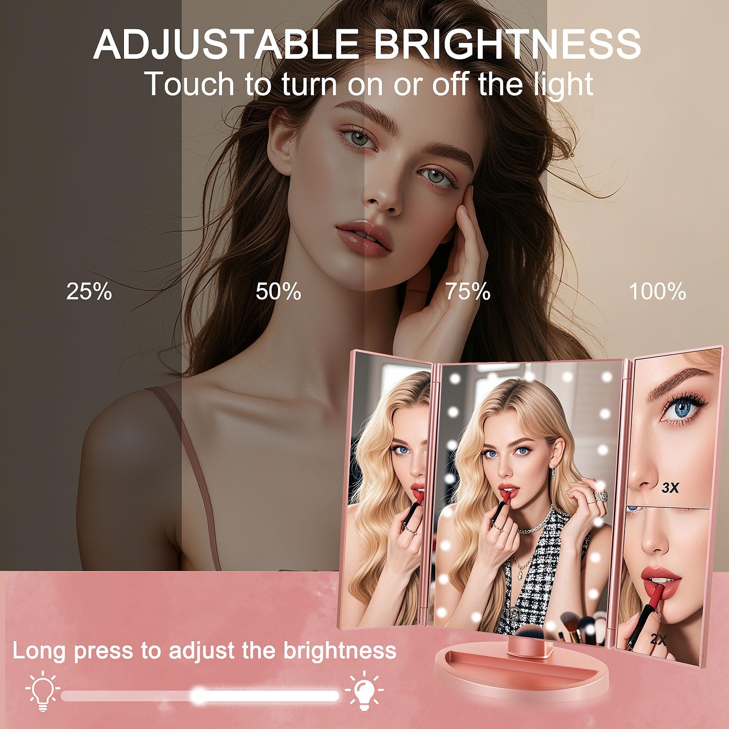 Flymiro vanity mirror 2x magnification close-up assists detailed mascara application.
