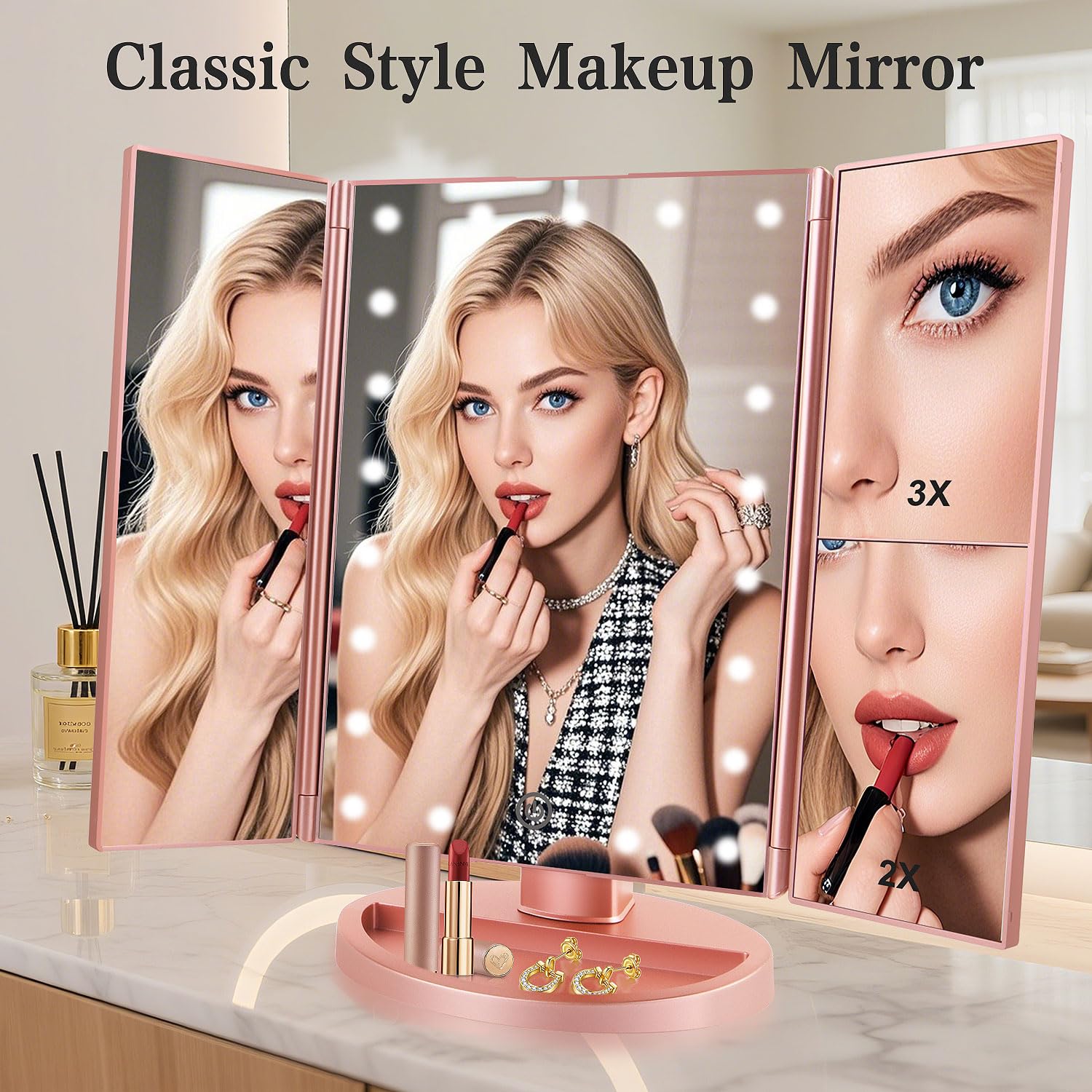 Flymiro vanity mirror 3x magnification close-up aids precise eyeliner and brow shaping.