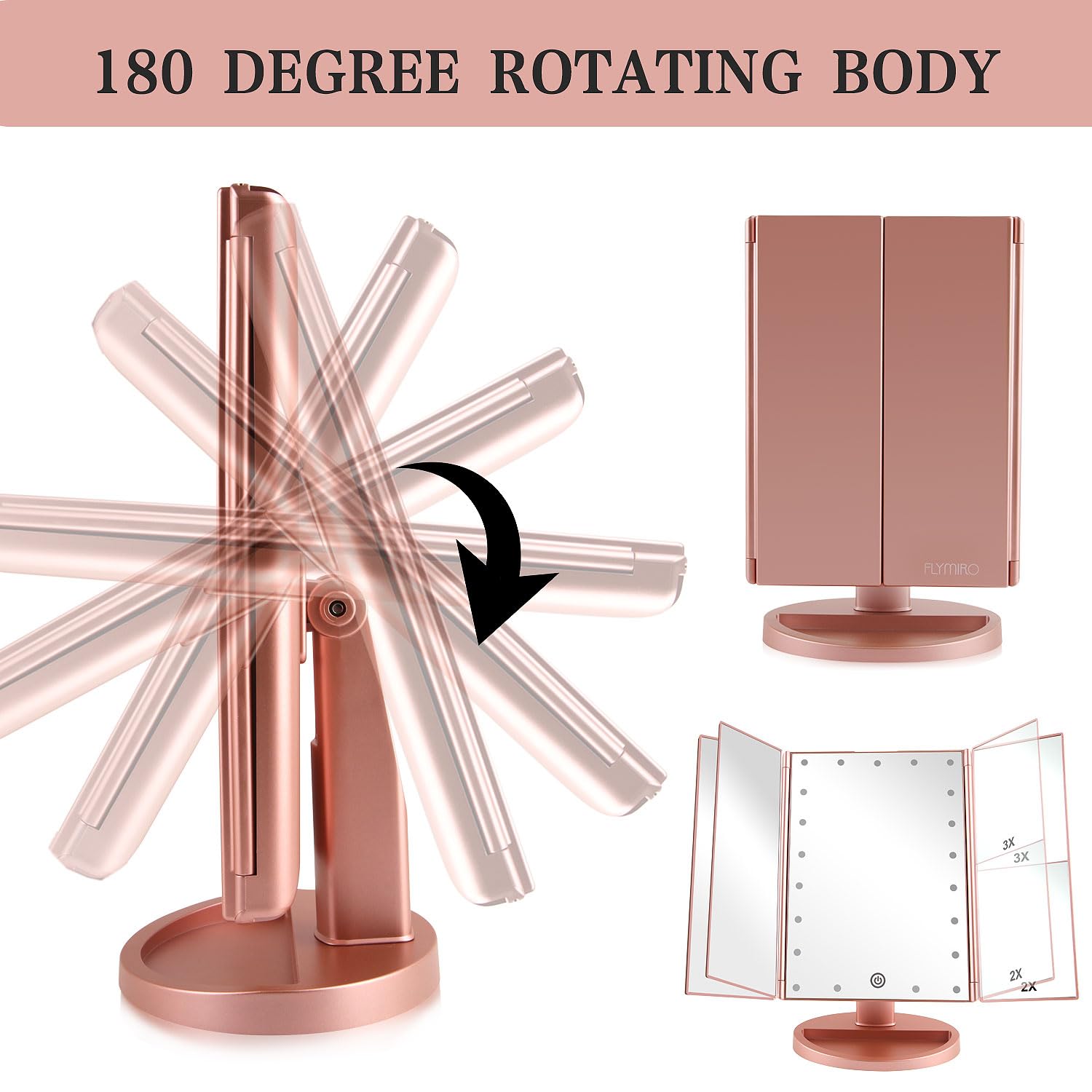 Flymiro vanity mirror LED lighting on; even illumination for flawless daytime makeup.