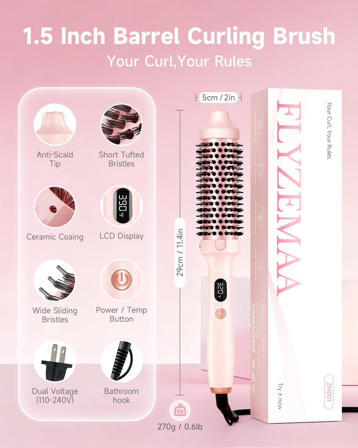 FLYZEMAA Thermal Brush 360° swivel cord reduces tangles during styling.