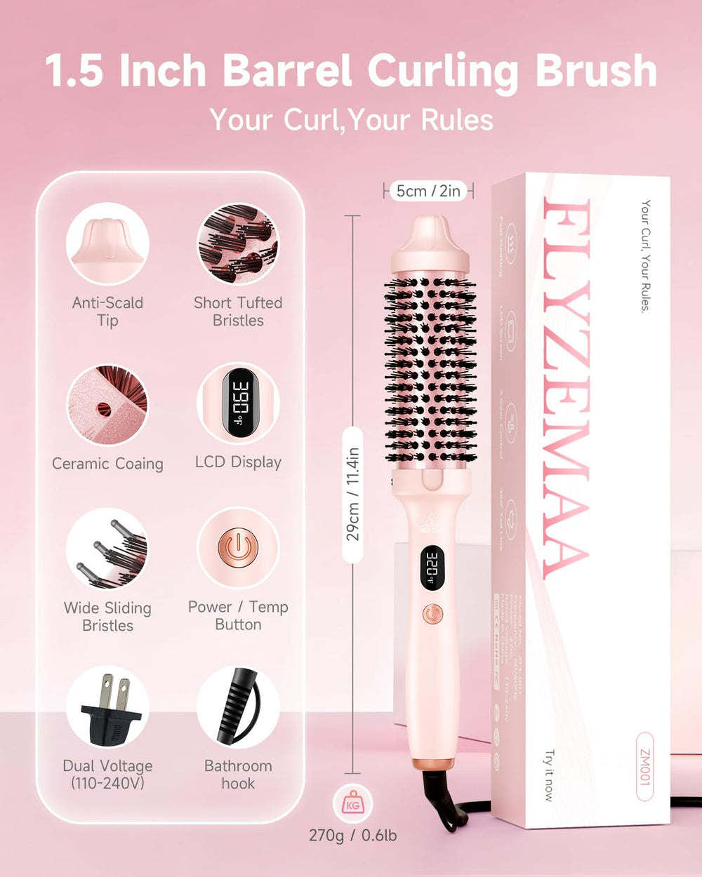 FLYZEMAA Thermal Brush 360° swivel cord reduces tangles during styling.