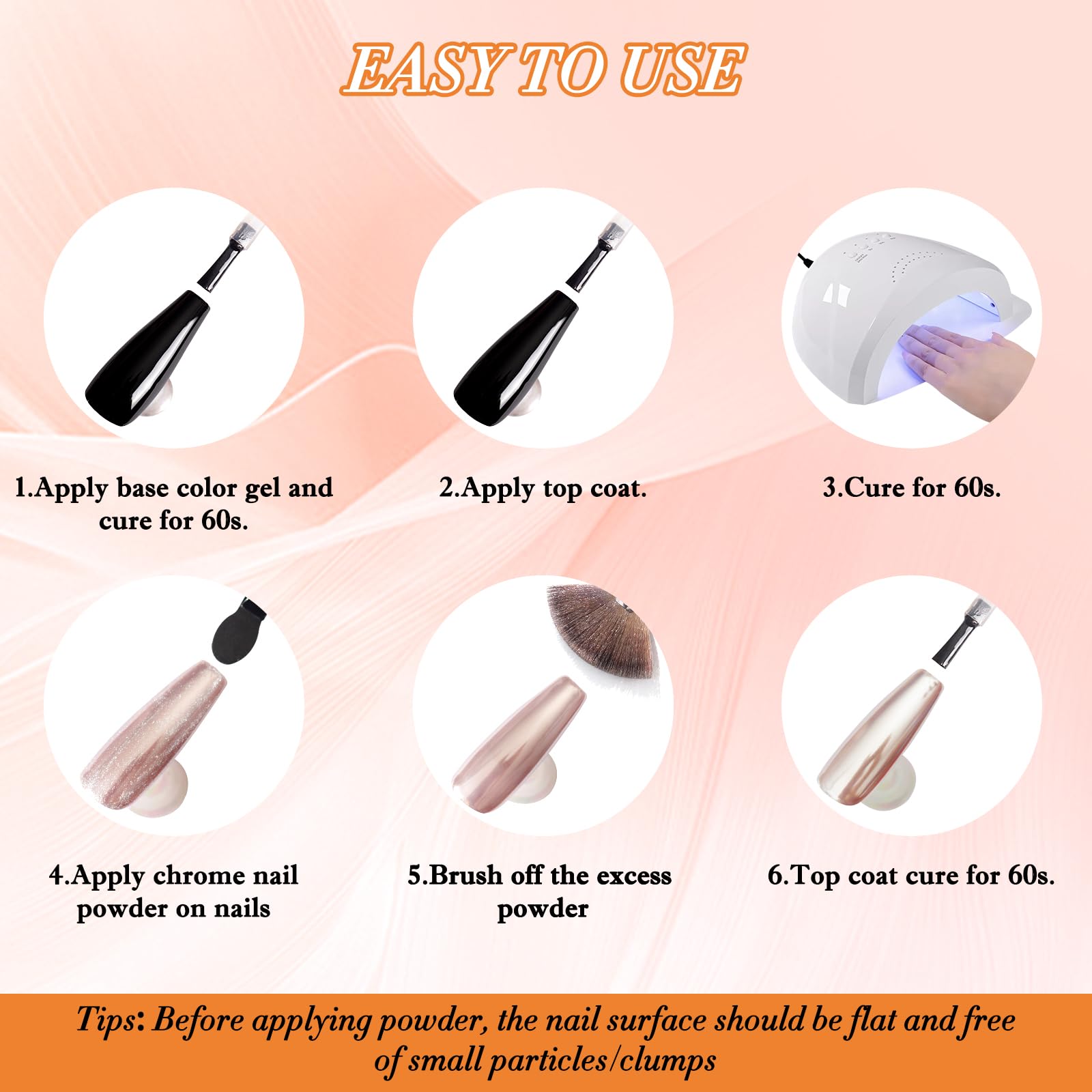 FNNZ no-wipe topcoat compatibility image shows ease of application with chrome powder
