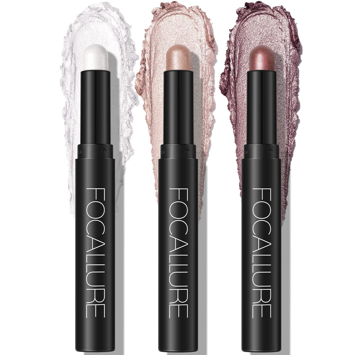FOCALLURE 3pcs 2in1 eyeshadow pen swatches show rich color payoff for quick looks.