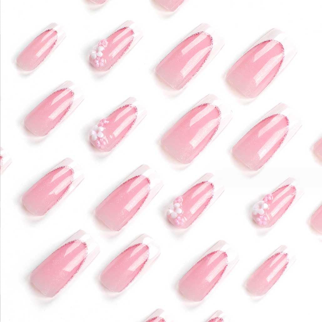 Foccna press-on nails 3D flower pink detail highlights elegant nail art possibilities.