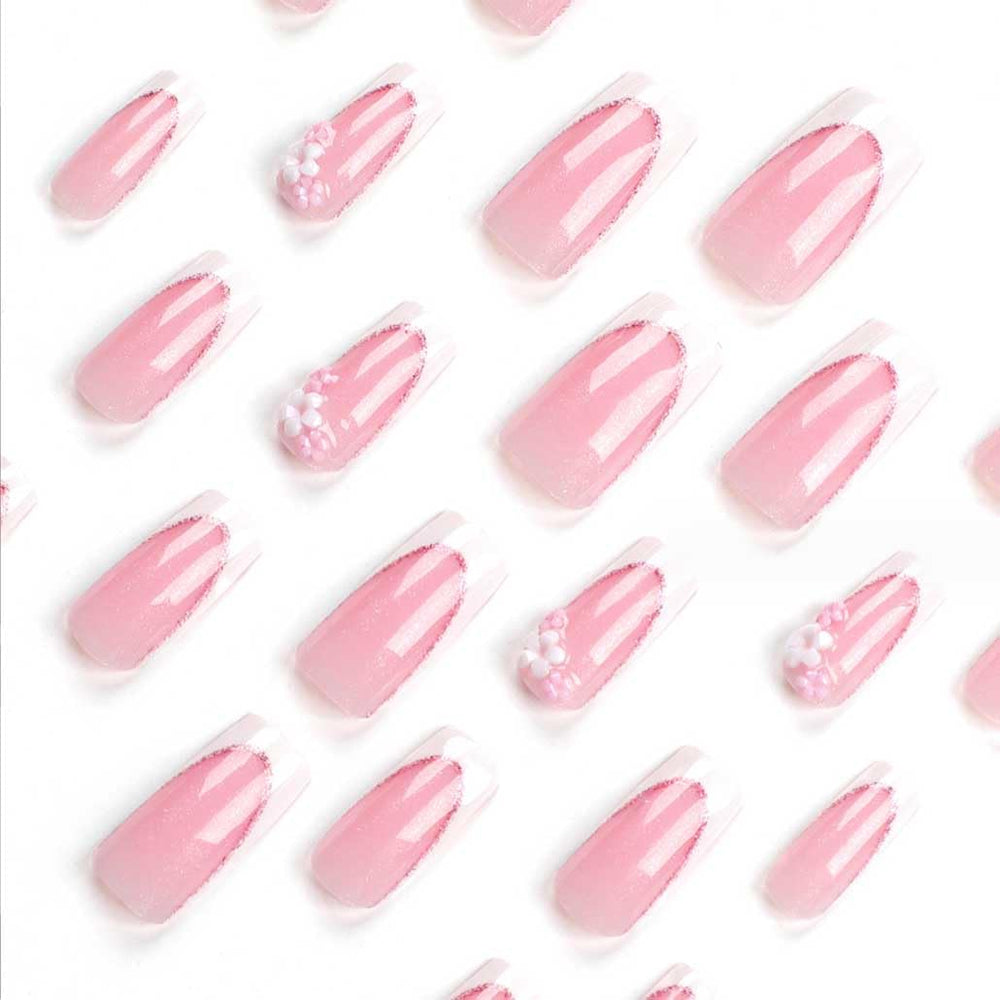 Foccna press-on nails 3D flower pink detail highlights elegant nail art possibilities.