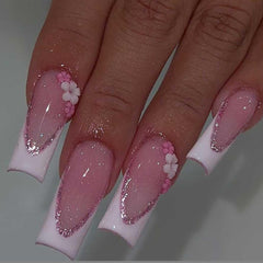 Foccna press-on nails long rhinestone pink square for quick glam manicure.