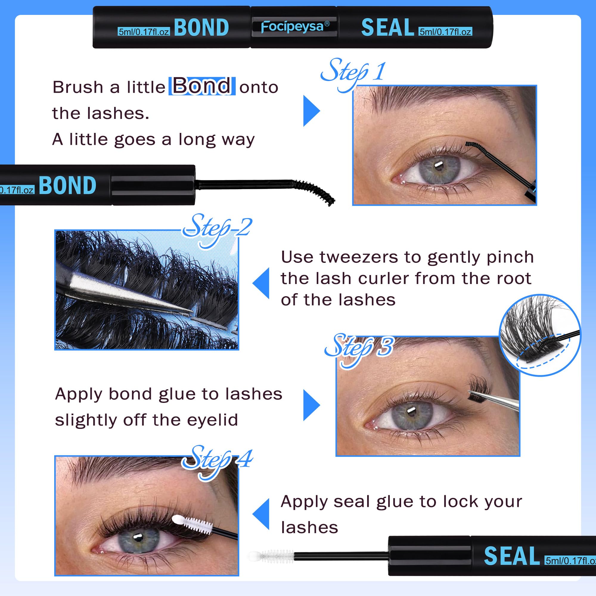 Focipeysa at-home lash-extension process image shows step-by-step setup.