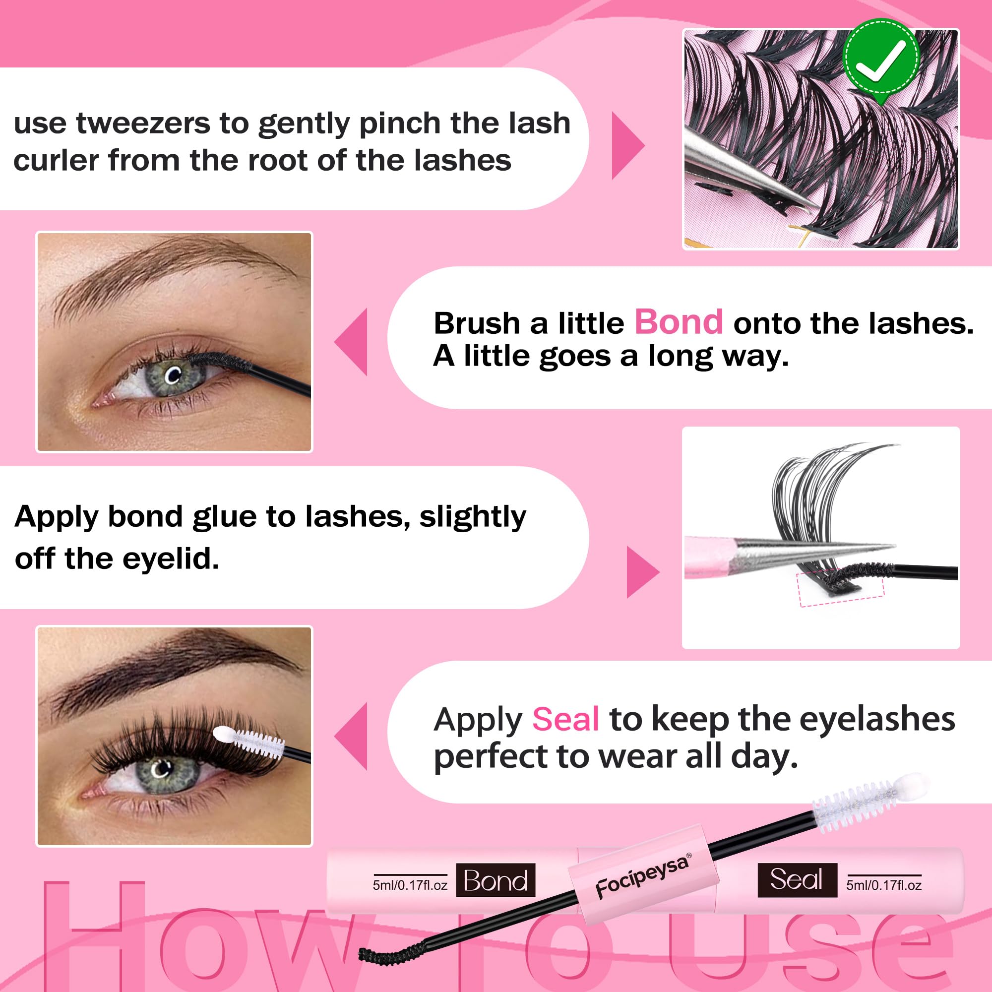 Focipeysa beginners-at-home-application image illustrates simple step-by-step lash routine.