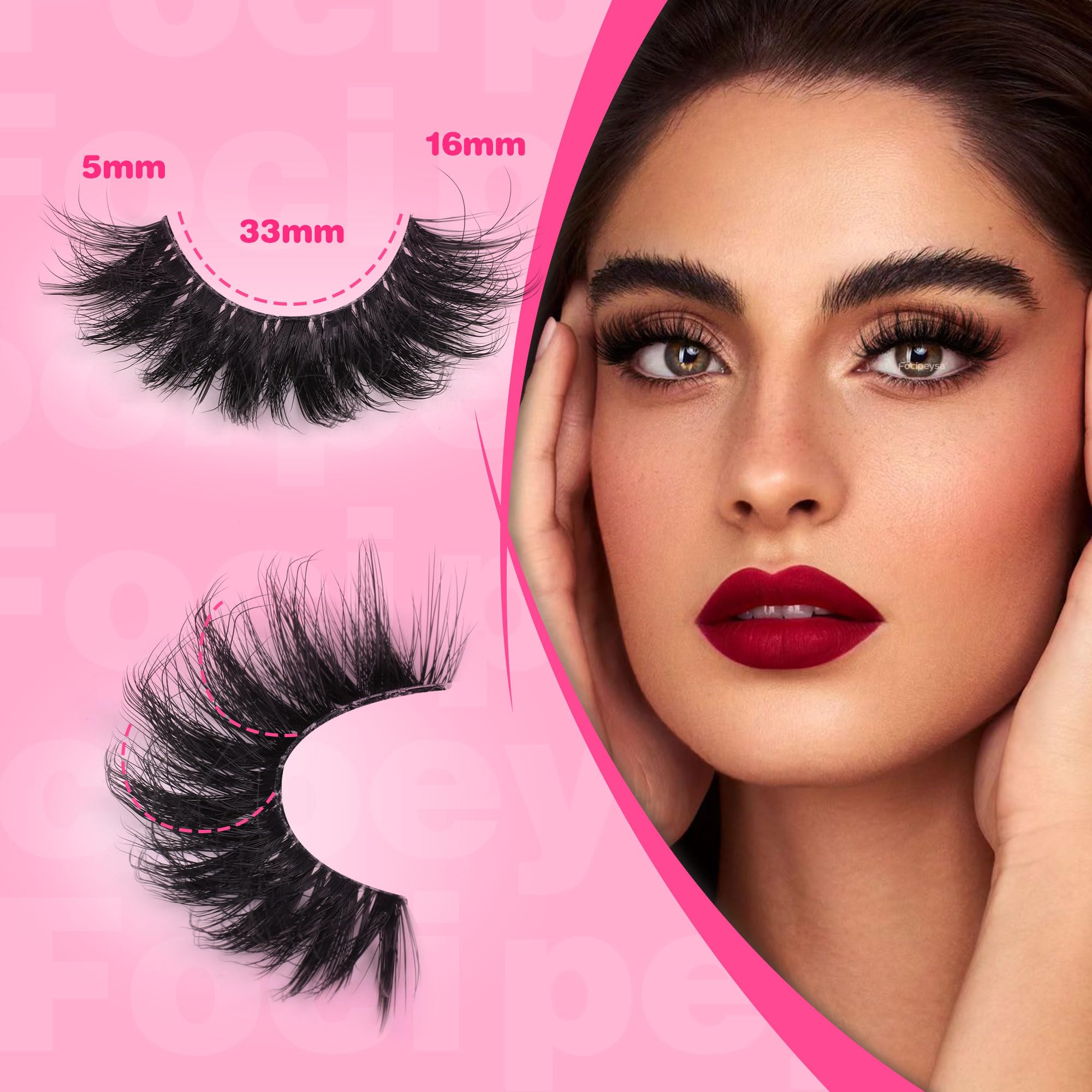 Focipeysa cat-eye D Curl dramatic lashes pack showing outer corner lift for bigger-eyed look.