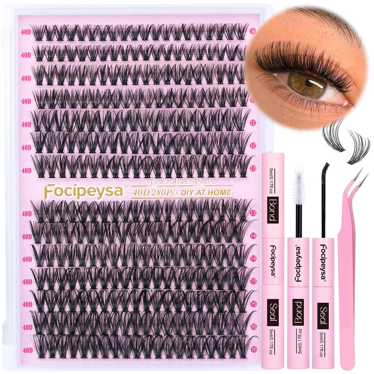 Focipeysa eyelash extension kit front view for easy at-home styling.