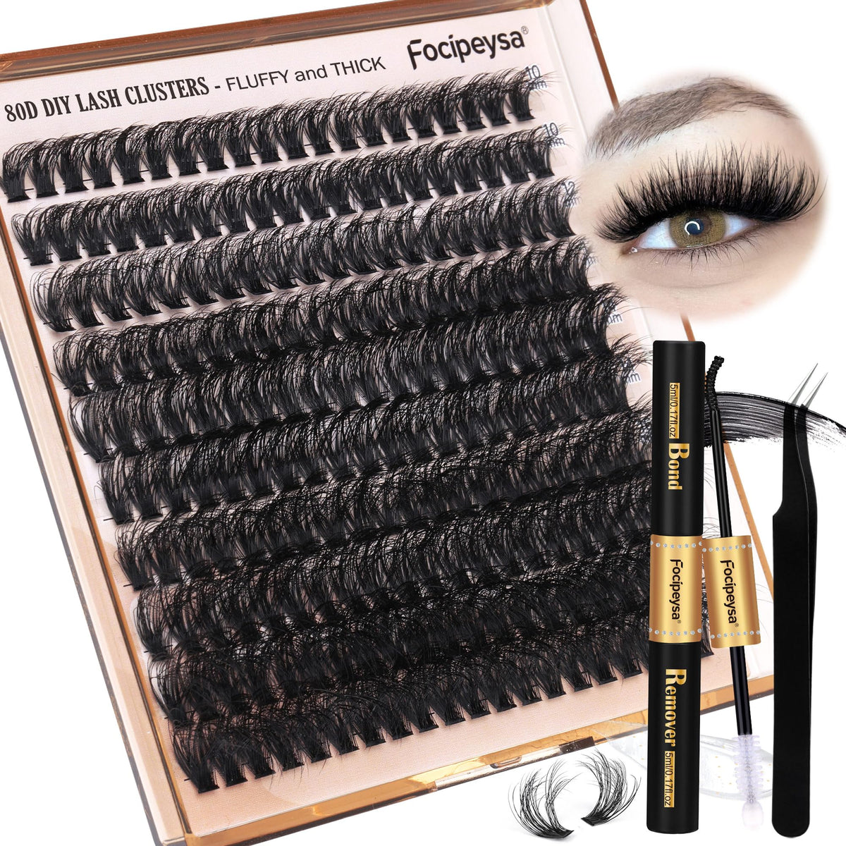 Focipeysa eyelash extension kit package shows a complete at-home lash solution for DIY luxury looks.