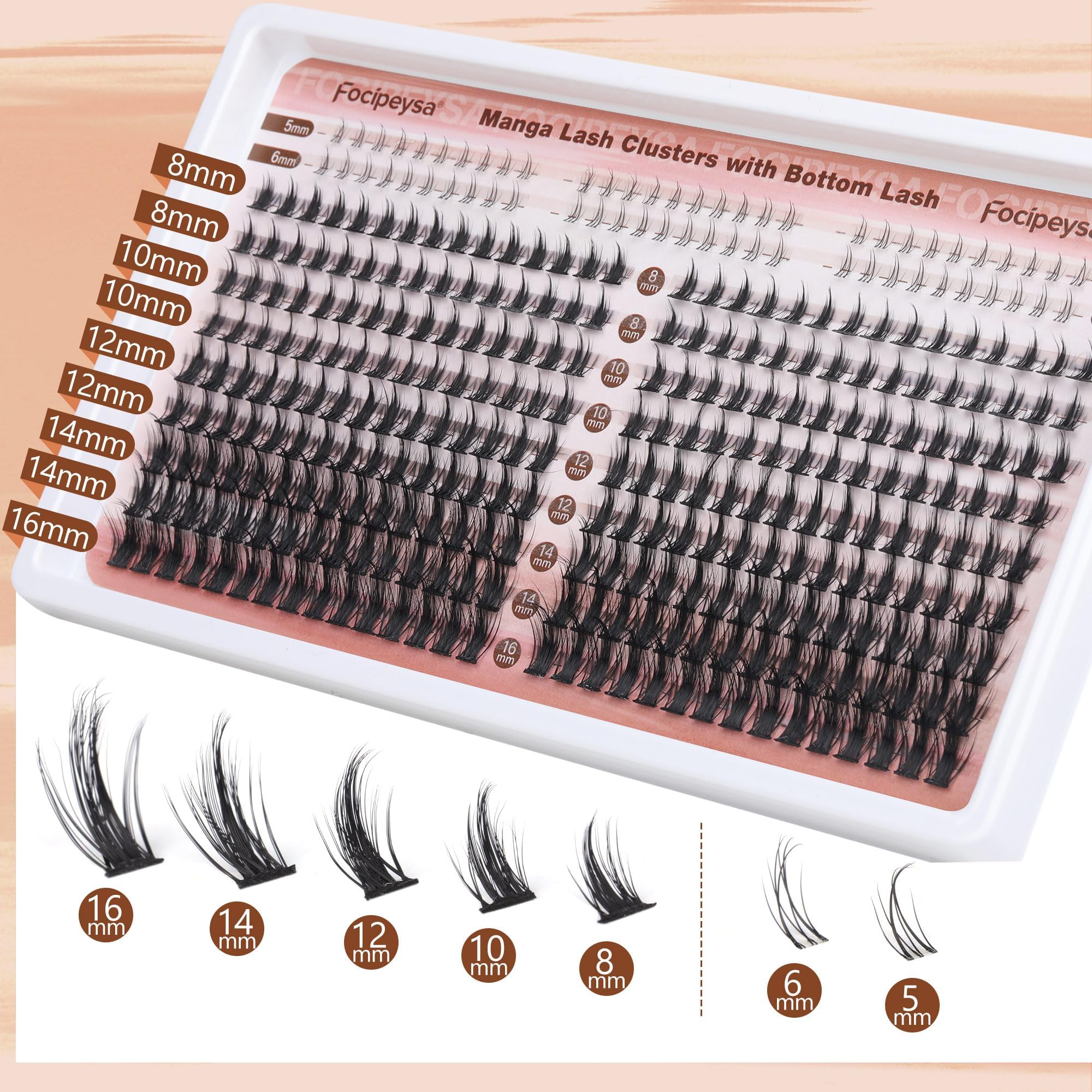Focipeysa lower-lash clusters 5-6mm balance eye shape and depth.