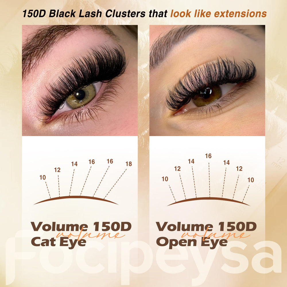 Focipeysa matte black D curl clusters 10-18mm for natural-looking volume.