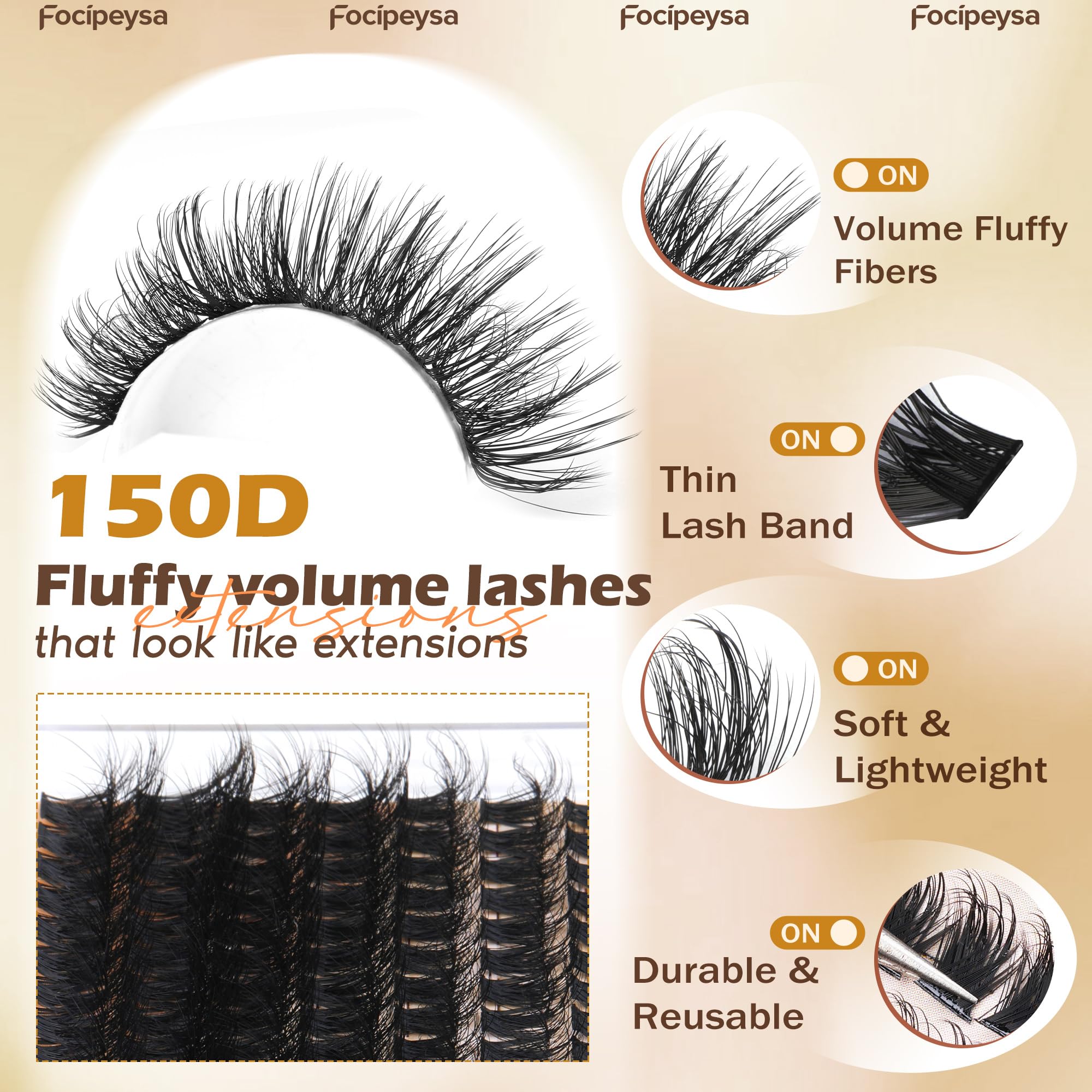 Focipeysa mixed-length cluster lashes 10mm-18mm to tailor lash look.