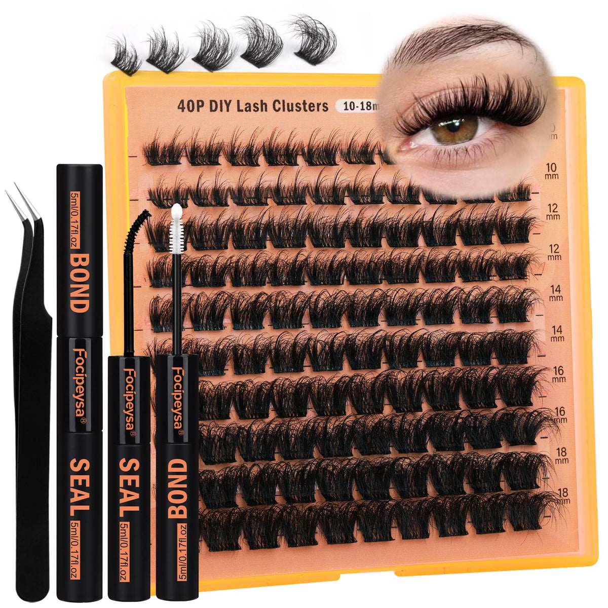 Focipeysa Thick Lash Extension Kit box shows complete at-home salon setup.