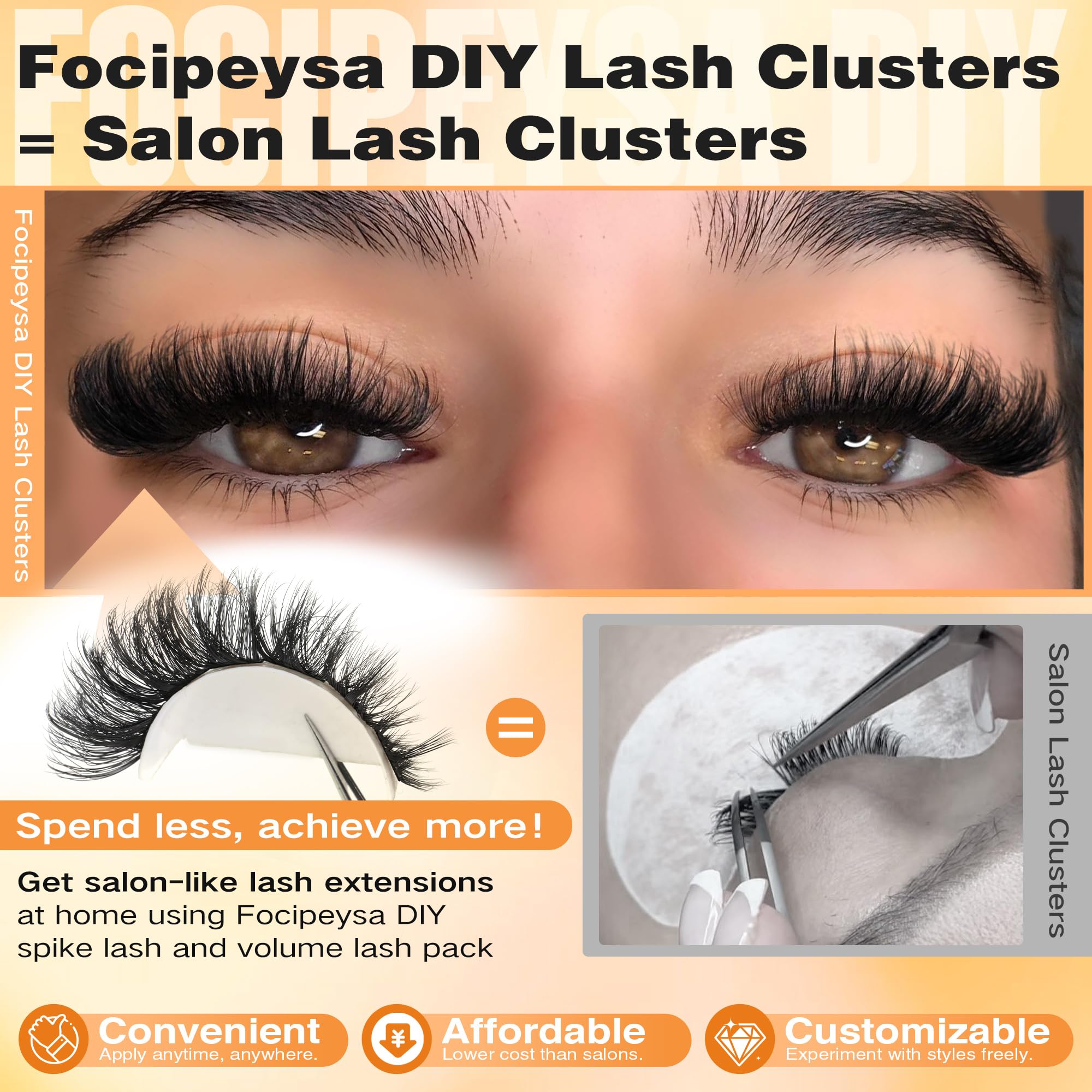 Focipeysa lash clusters closeup highlights lightweight, soft extensions.