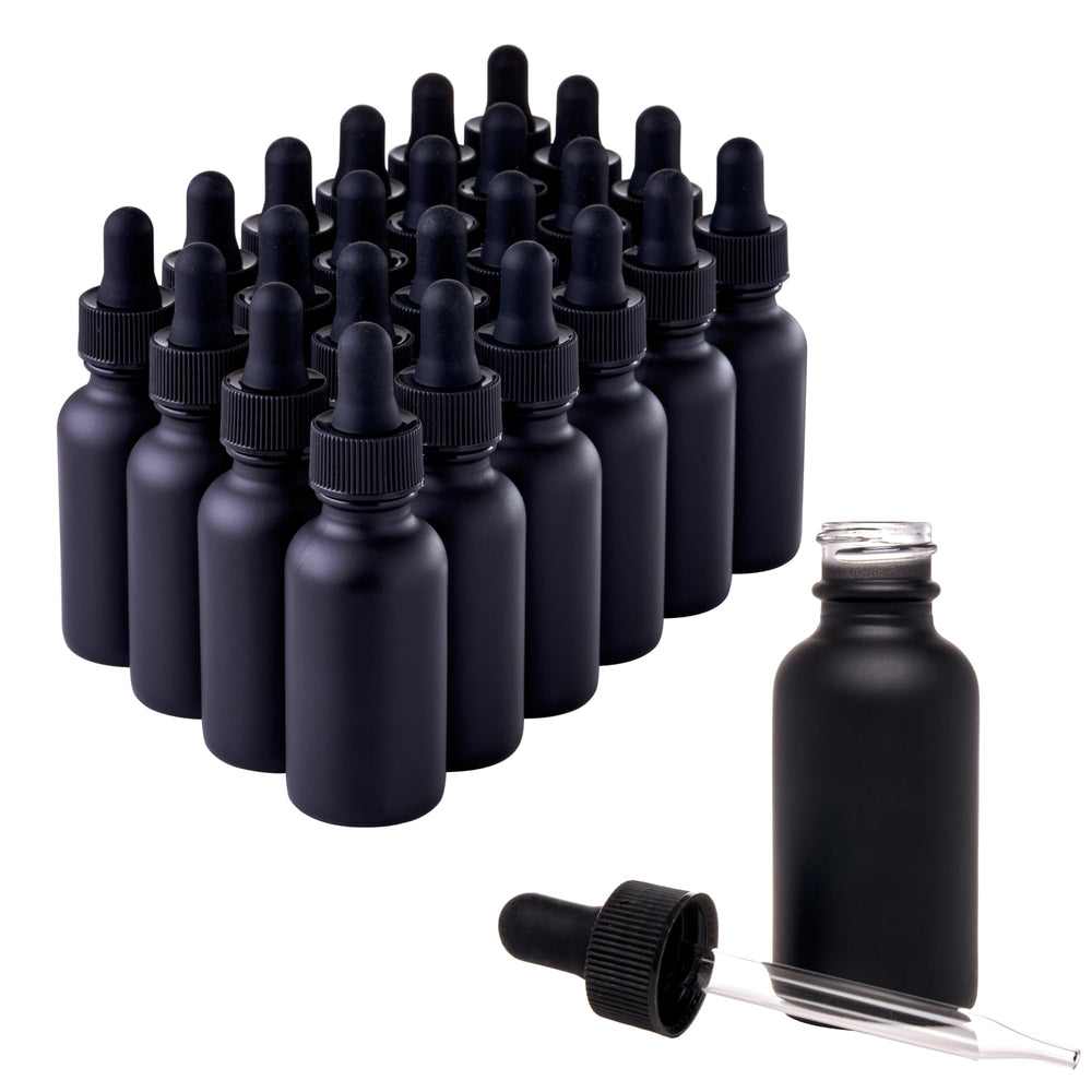 Focus Nutrition matte black Boston round 1oz bottle with dropper cap for on-the-go essential oils.