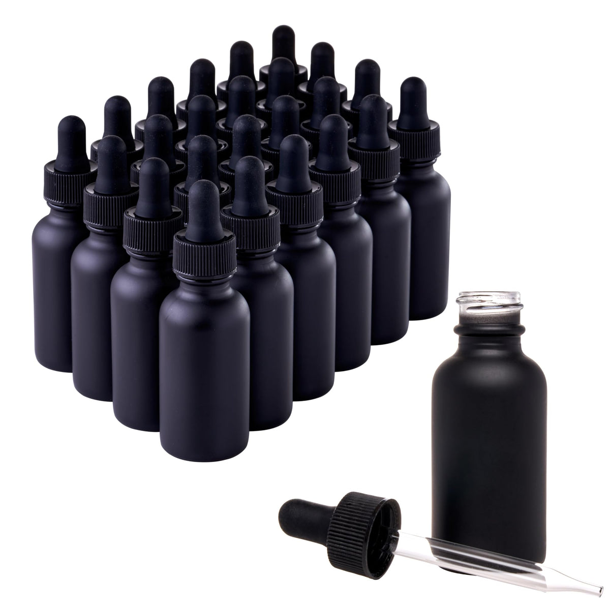 Focus Nutrition matte black Boston round 1oz bottle with dropper cap for on-the-go essential oils.