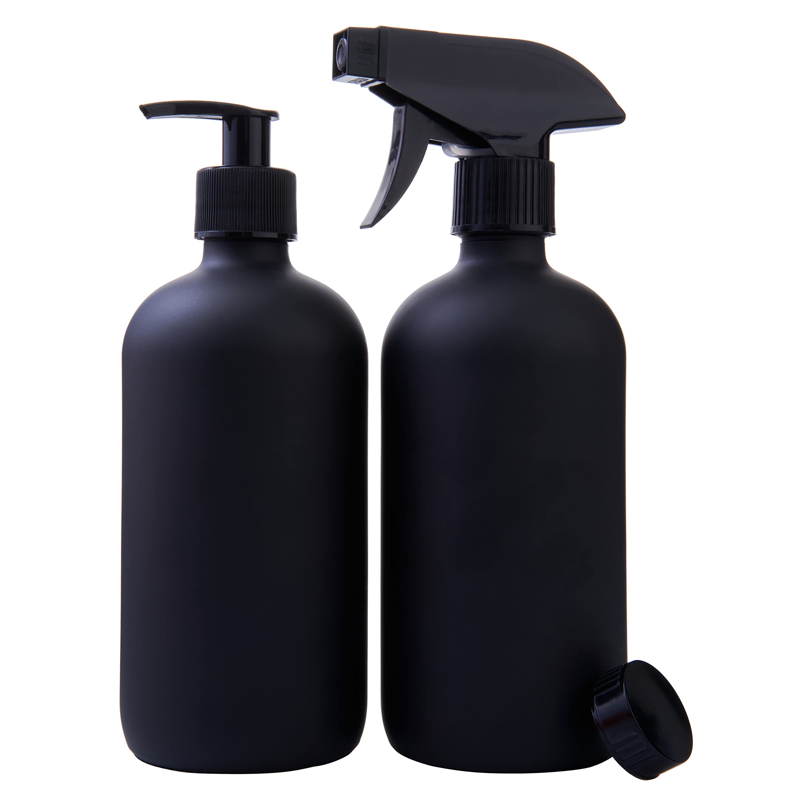 Focus Nutrition black Boston round bottles front view for stylish, reusable glass storage