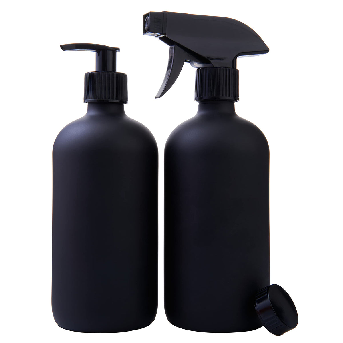 Focus Nutrition black Boston round bottles front view for stylish, reusable glass storage
