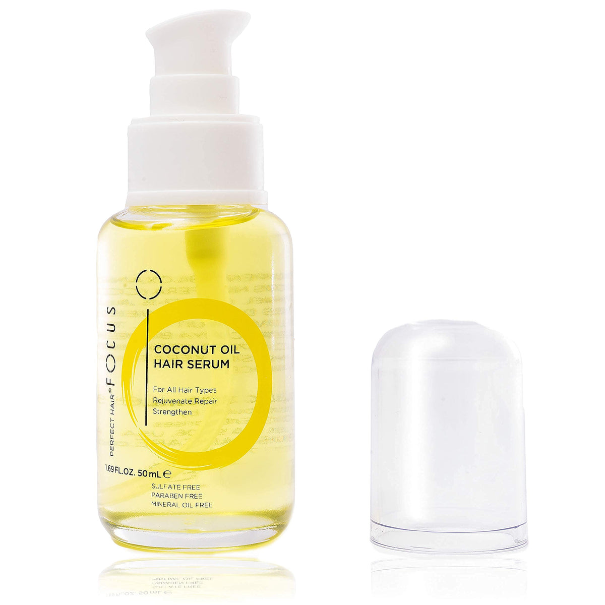 Focus Perfect Hair Coconut Oil Serum bottle showing smoothing, frizz-control benefits.