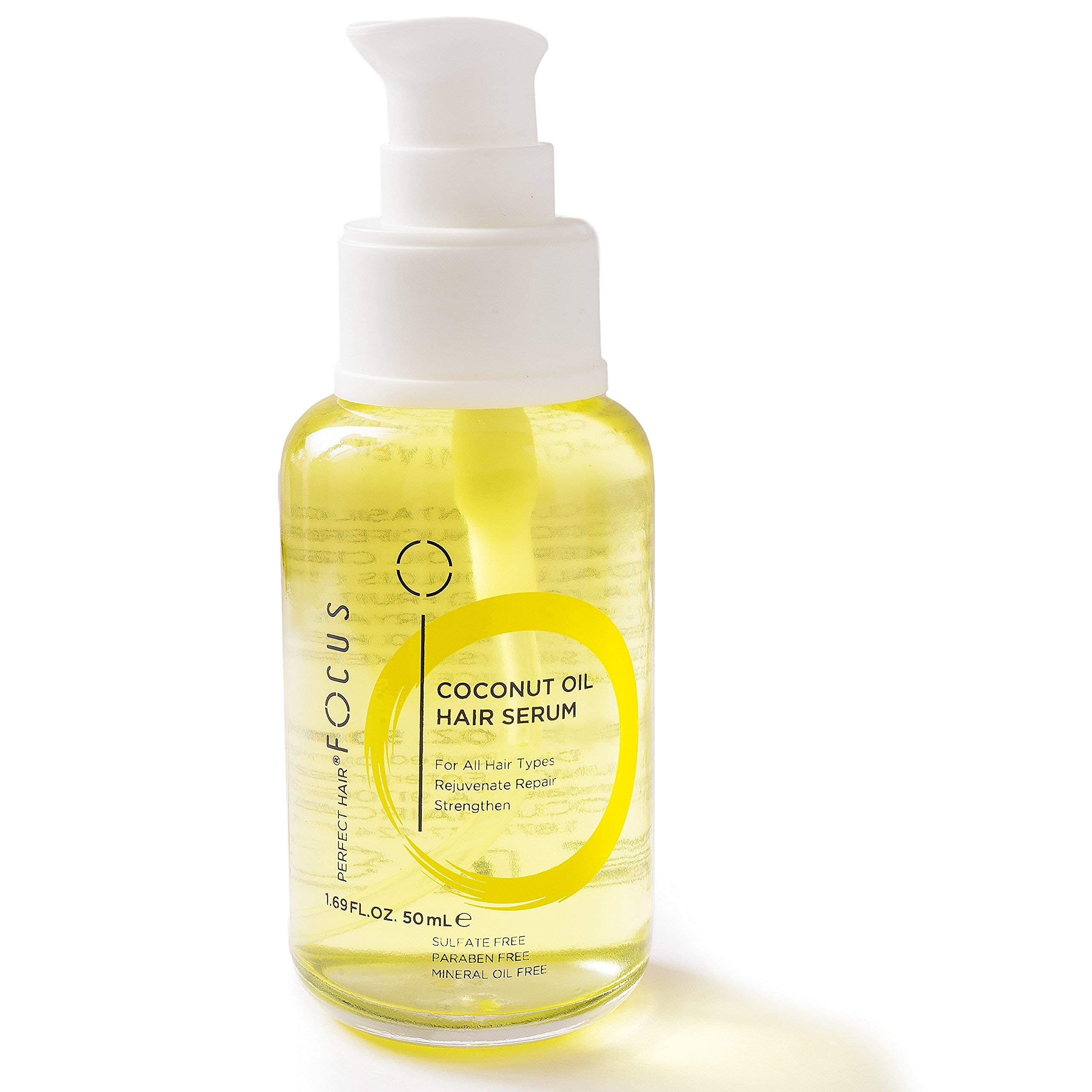 Focus Perfect Hair Coconut Oil Serum frizz-closeup on sleek strands.
