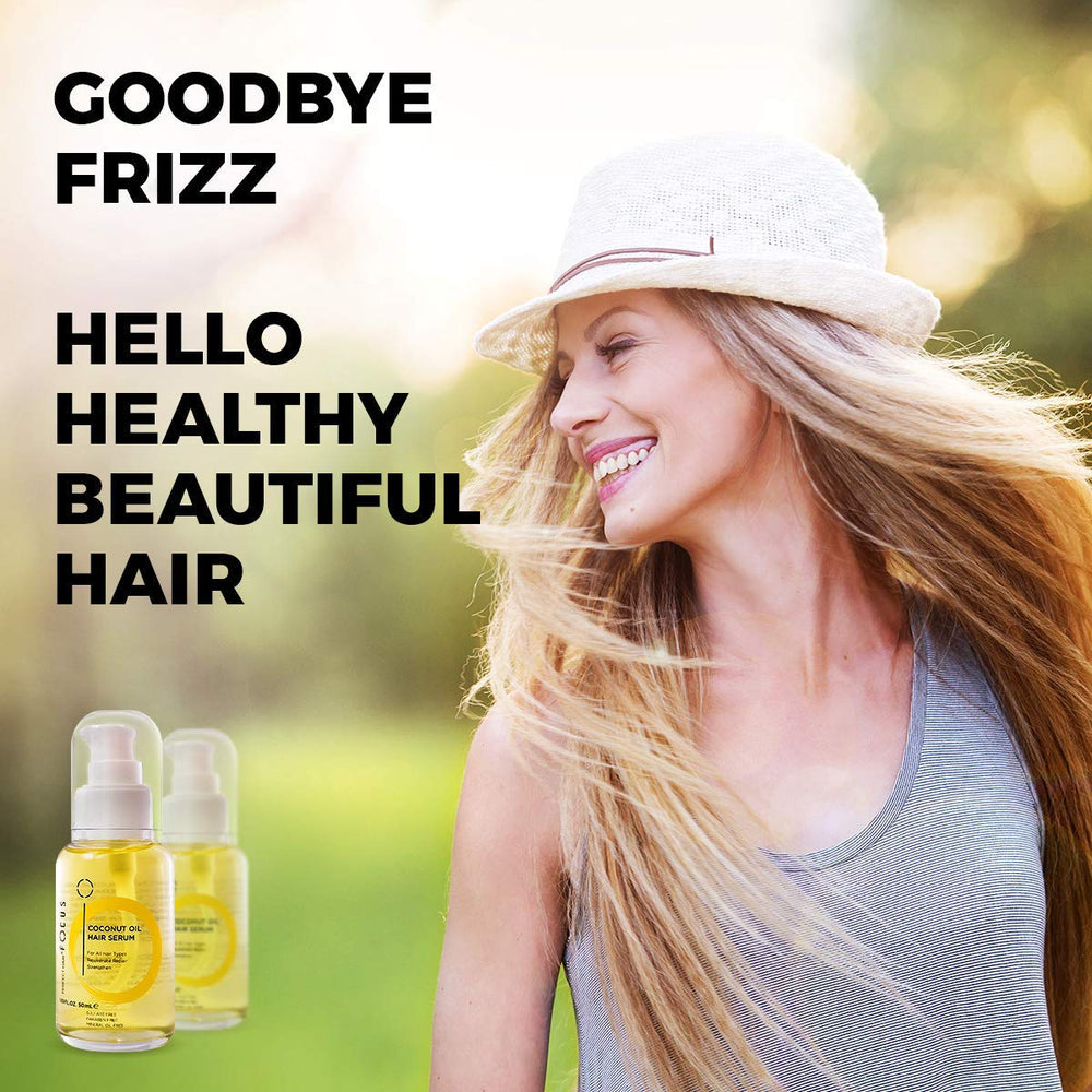 Focus Perfect Hair Coconut Oil Serum applied to hair for smooth styling.