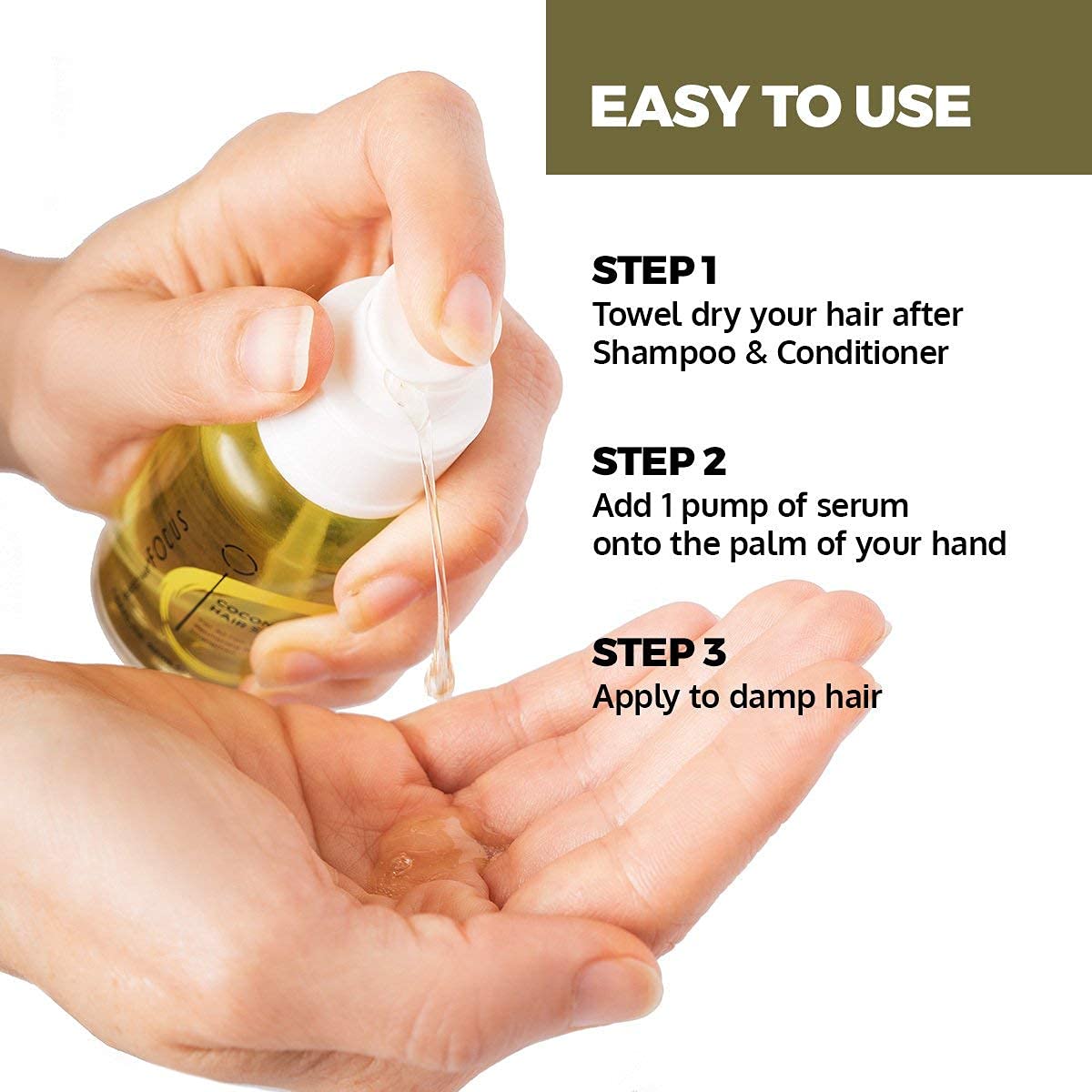 Focus Perfect Hair Coconut Oil Serum ingredients close-up with olive and almond oils.