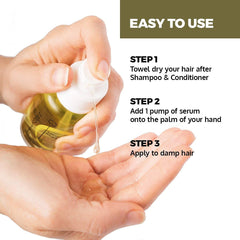 Focus Perfect Hair Coconut Oil Serum ingredients close-up with olive and almond oils.