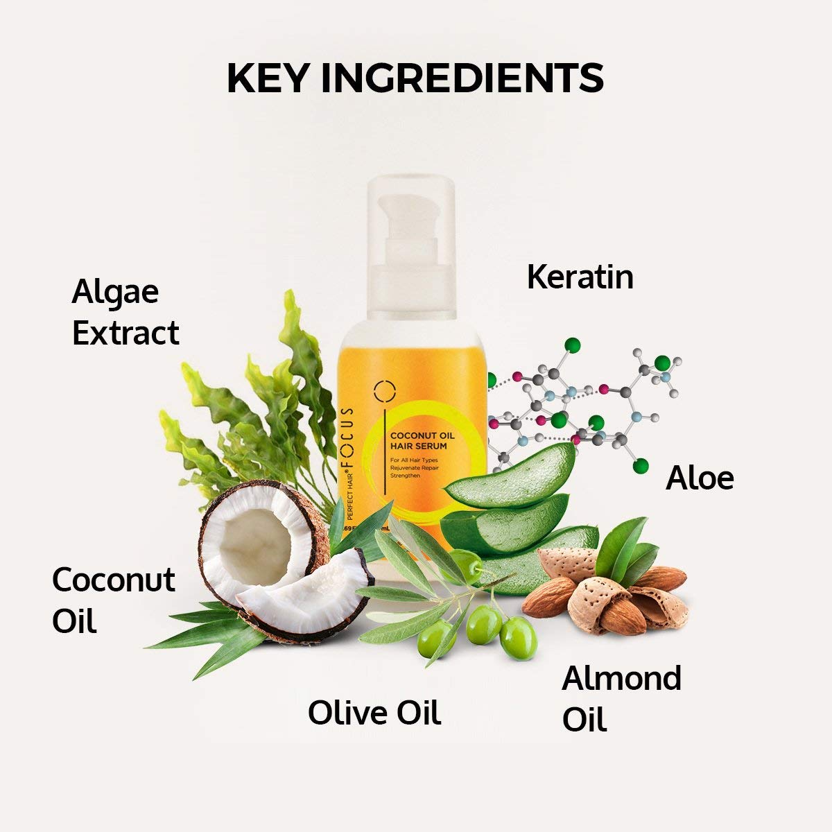 Focus Perfect Hair Coconut Oil Serum pour demonstrates nourishment and shine.