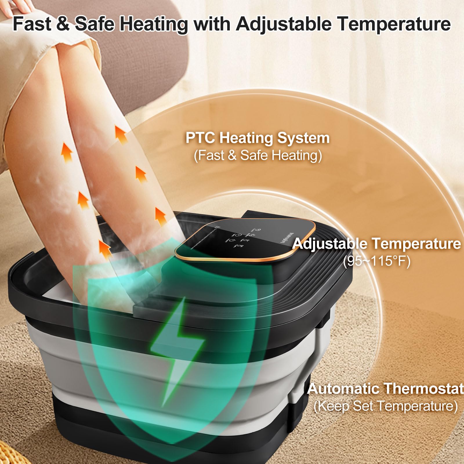 FOFOJÔY Collapsible Foot Spa Bath bubbles illustrate spa-like ambiance and gentle foot effervescence
