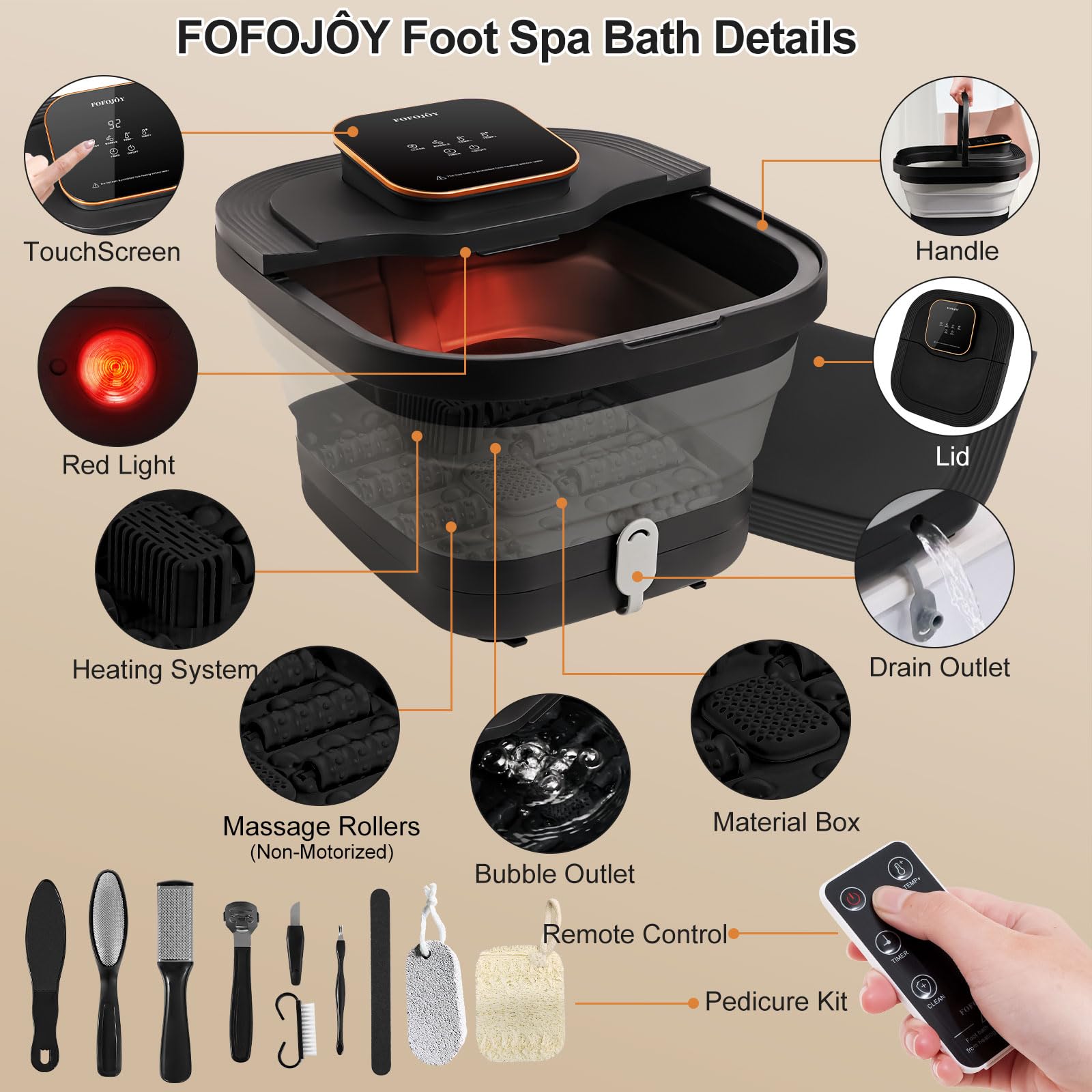 FOFOJÔY Collapsible Foot Spa Bath heating system image highlighting quick warm water options