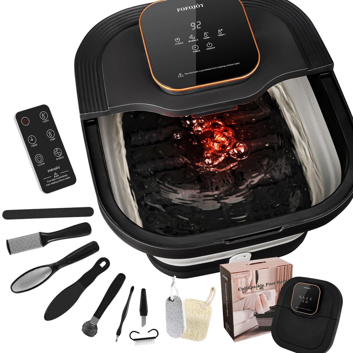 FOFOJÔY Collapsible Foot Spa Bath remote control view for effortless at-home foot relaxation