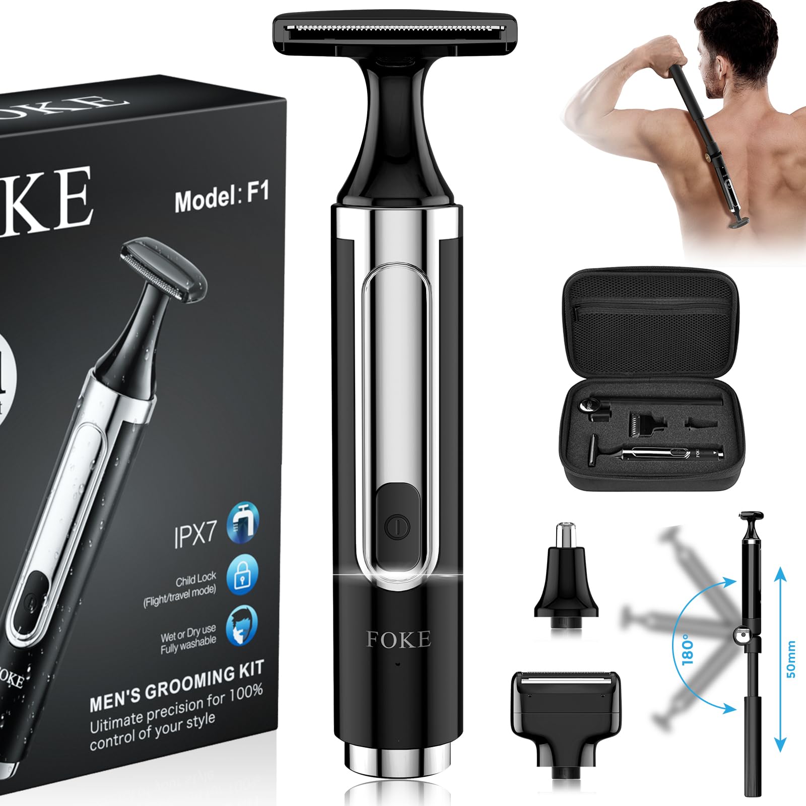 FOKE back shaver with ultra-wide head for quicker back grooming and even results