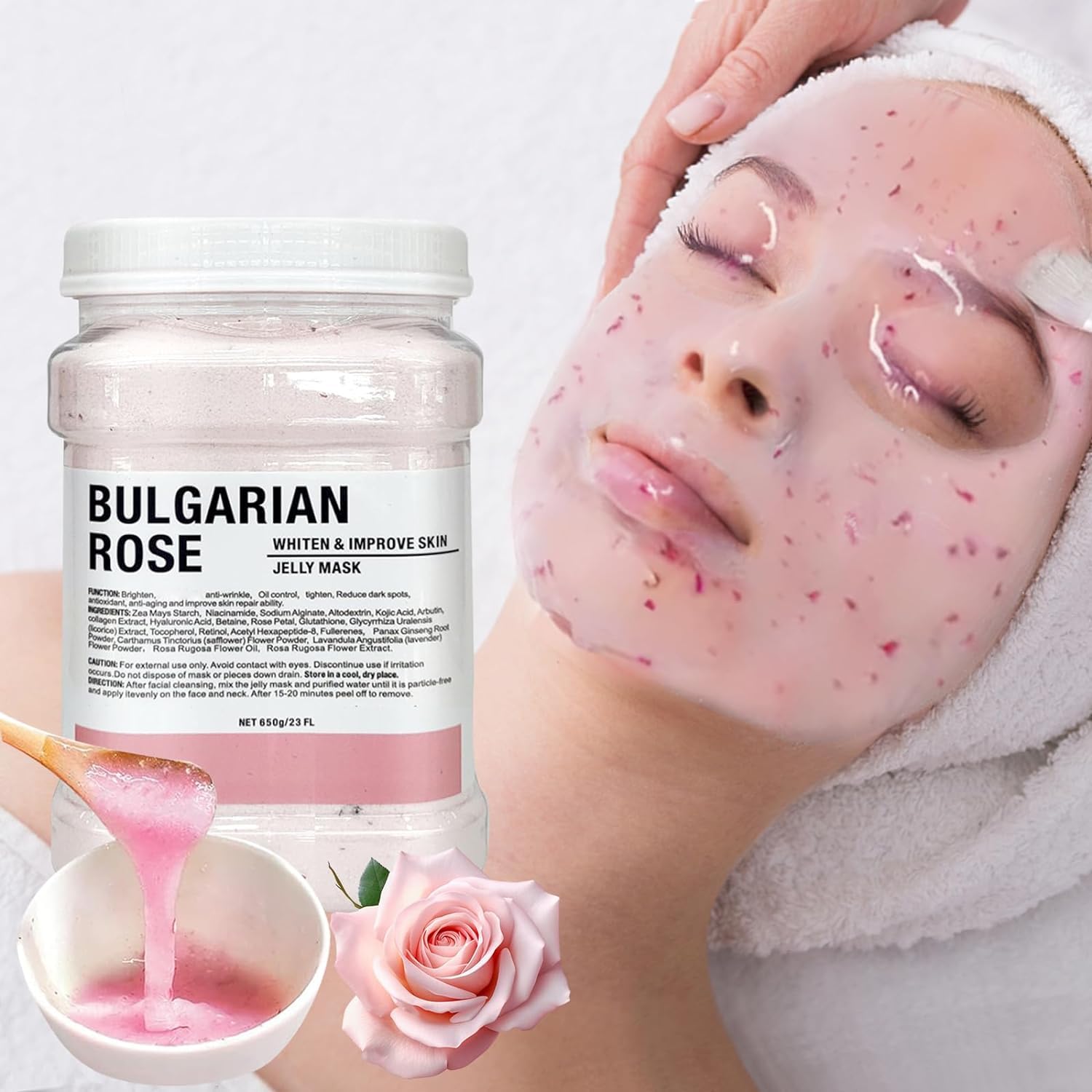 Fokiabin jelly mask ingredients highlight refined alginate and rose extract for balanced hydration.