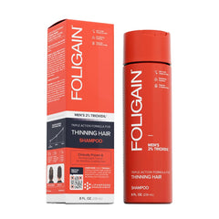 Foligain Triple Action Shampoo bottle highlights scalp-friendly formula for fuller-looking hair.