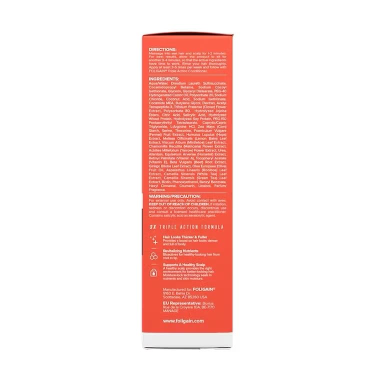 Foligain Triple Action Shampoo lather shows cleansing and volumizing action for thinning hair.