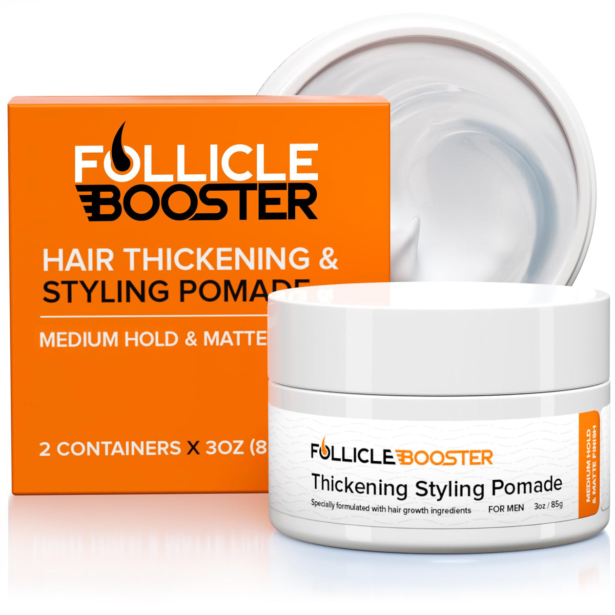Follicle Booster hair growth pomade jar close-up showing thinning-hair support ingredients.