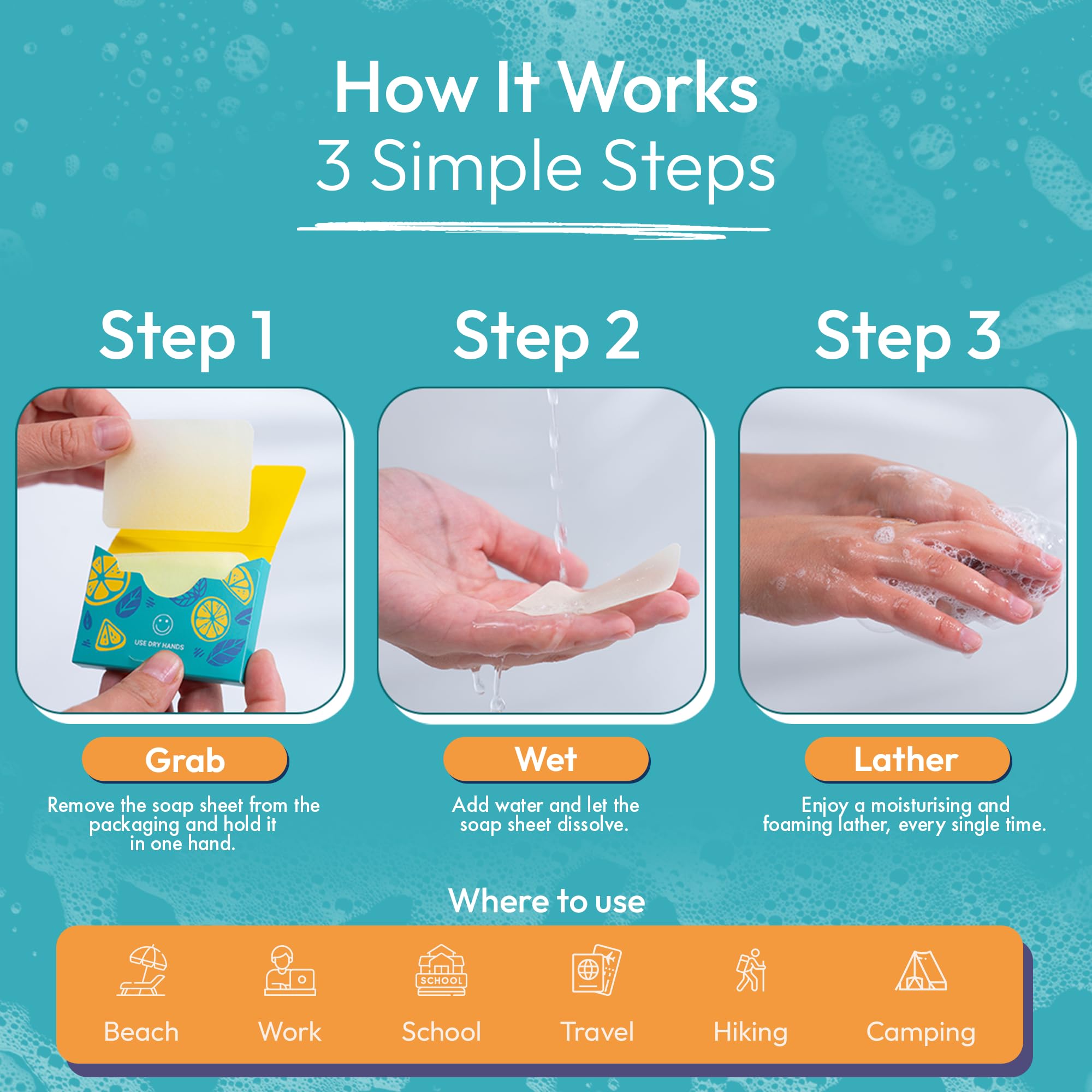 FOMIN foaming hand soap sheets dissolving into quick lather for dirty hands.