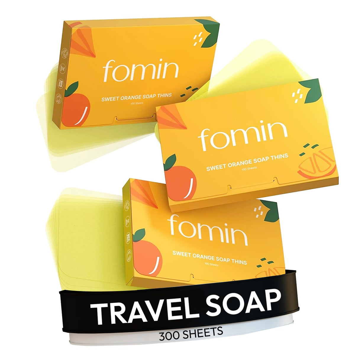 FOMIN paper soap sheets travel size shown for compact on-the-go hand cleaning.