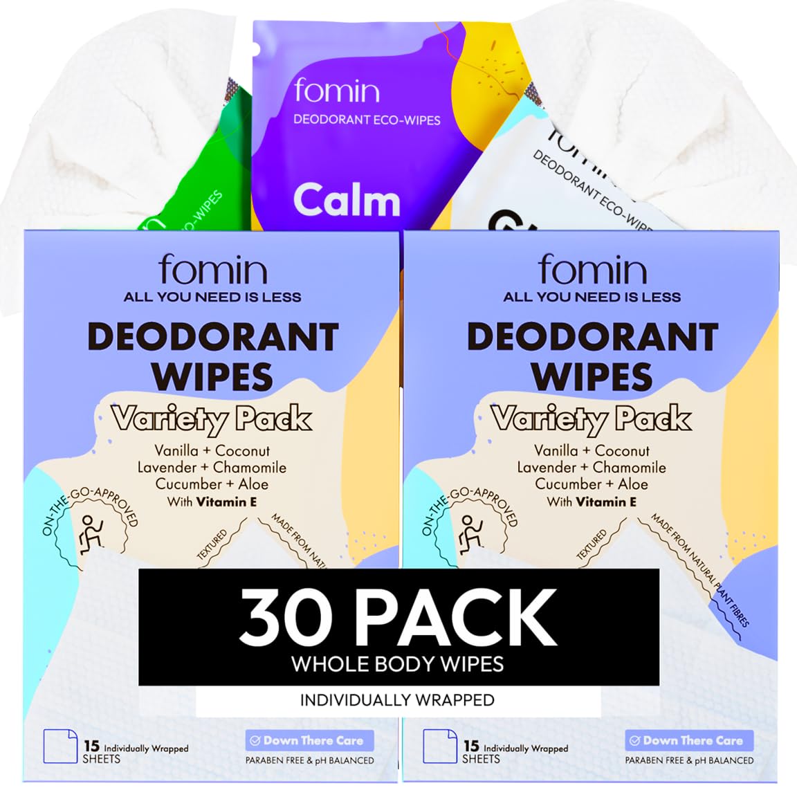 fomin travel deodorant wipes 30-count variety pack for on-the-go freshness