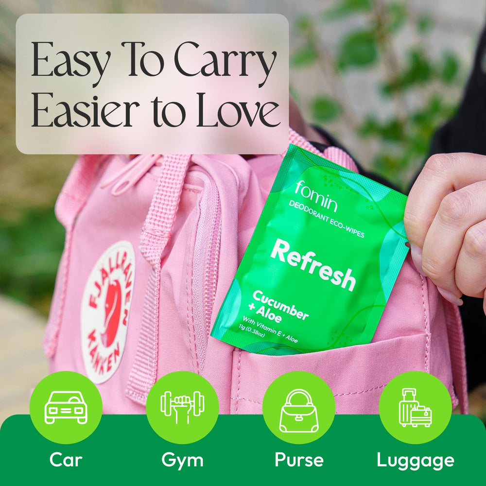 FOMIN biodegradable sachets highlight Plastic Bank partnership and eco-friendly status.