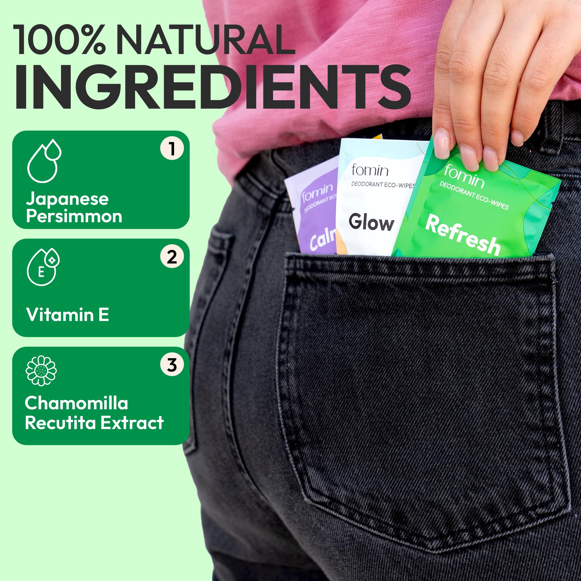 FOMIN wipes ingredients card emphasizes vitamin E and aloe for skin comfort.