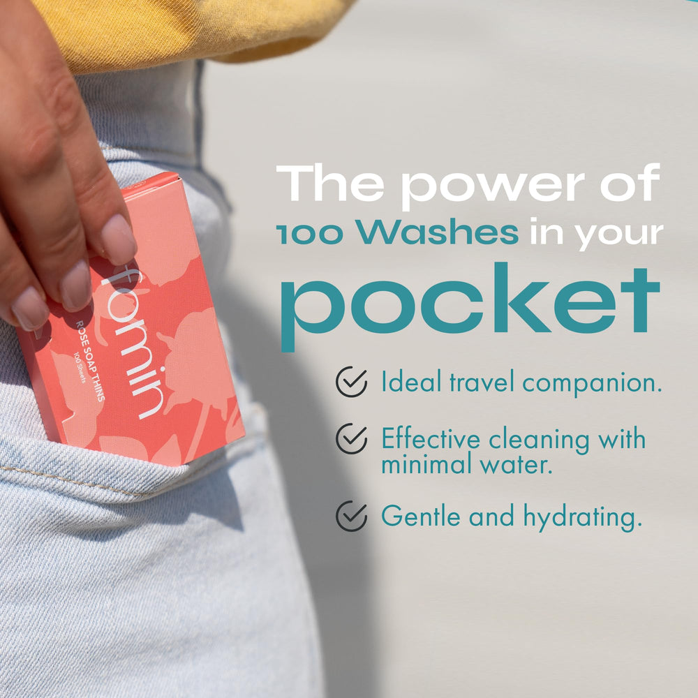 FOMIN travel soap sheet in hand showing easy rinse and compact storage.