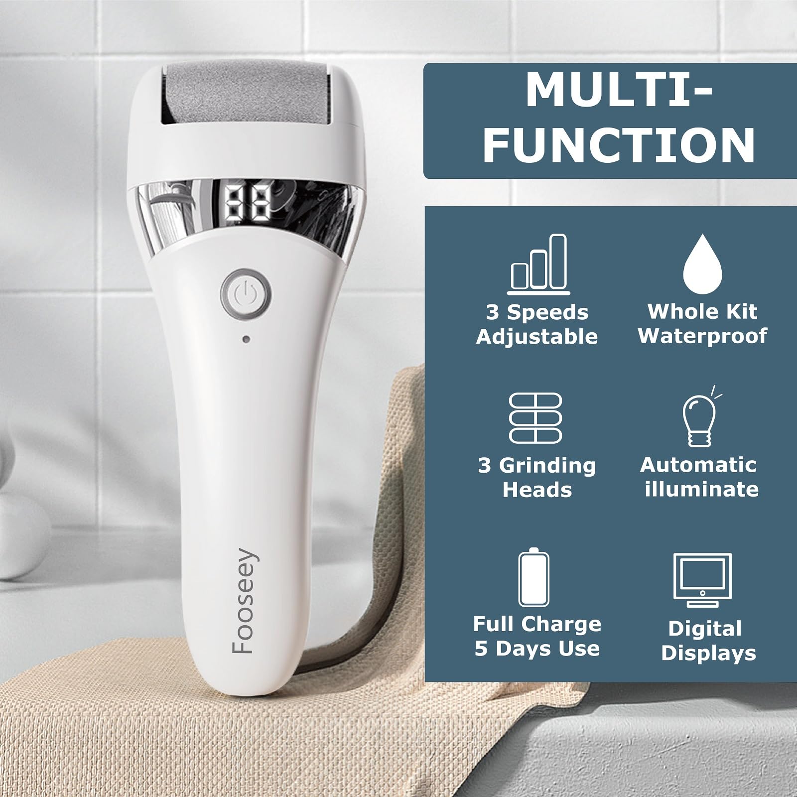 Fooseey callus remover with 3 heads installed for tailored treatment