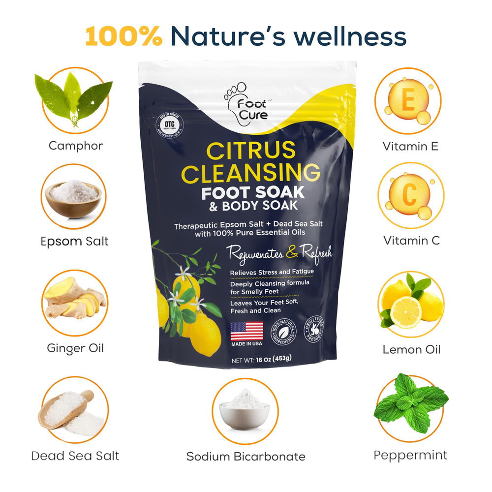 Foot Cure Citrus Detox packaging and jar label communicates USA-made, natural ingredients and safety.