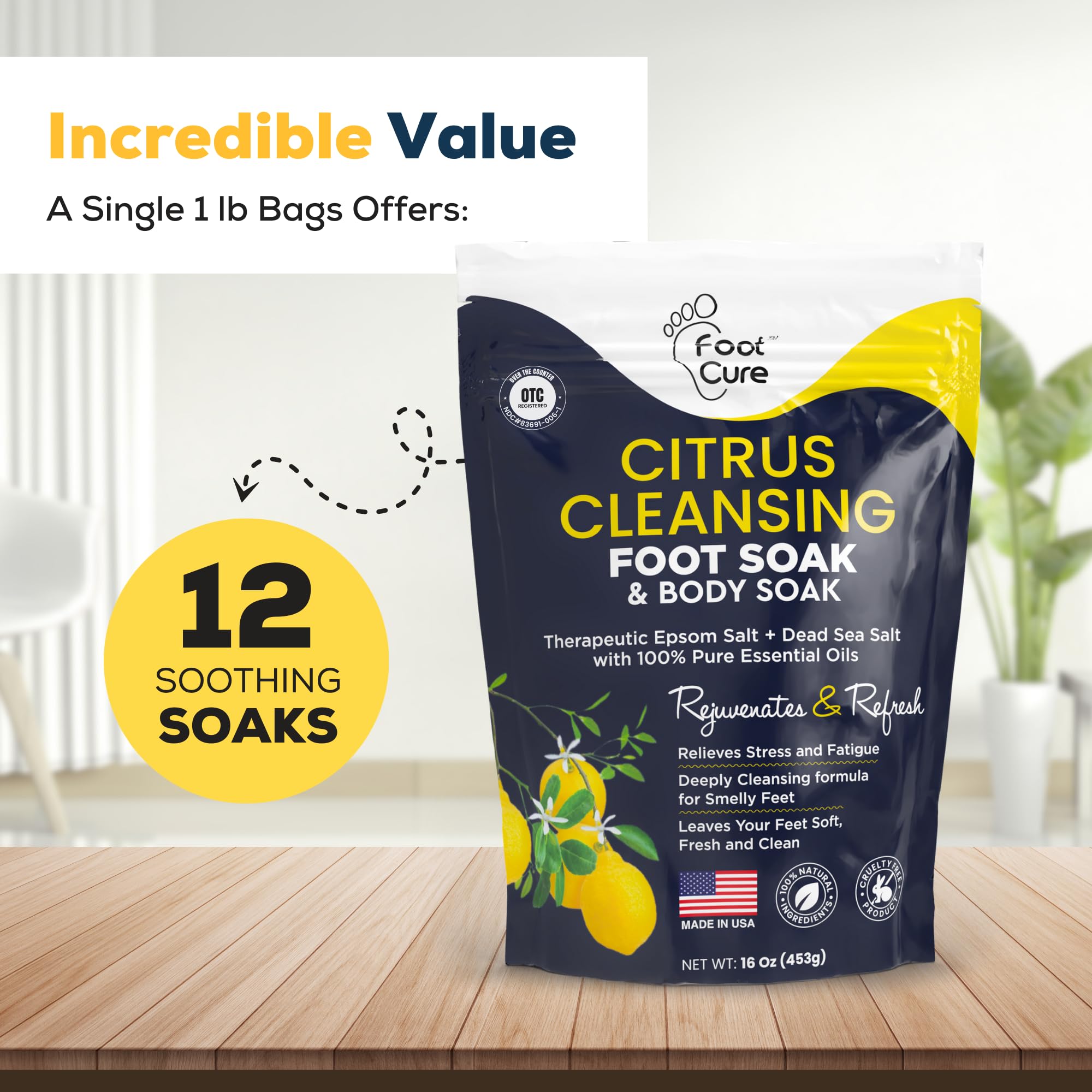 Foot Cure Citrus Detox tub soak setup shows foot cleansing in a calming spa moment.