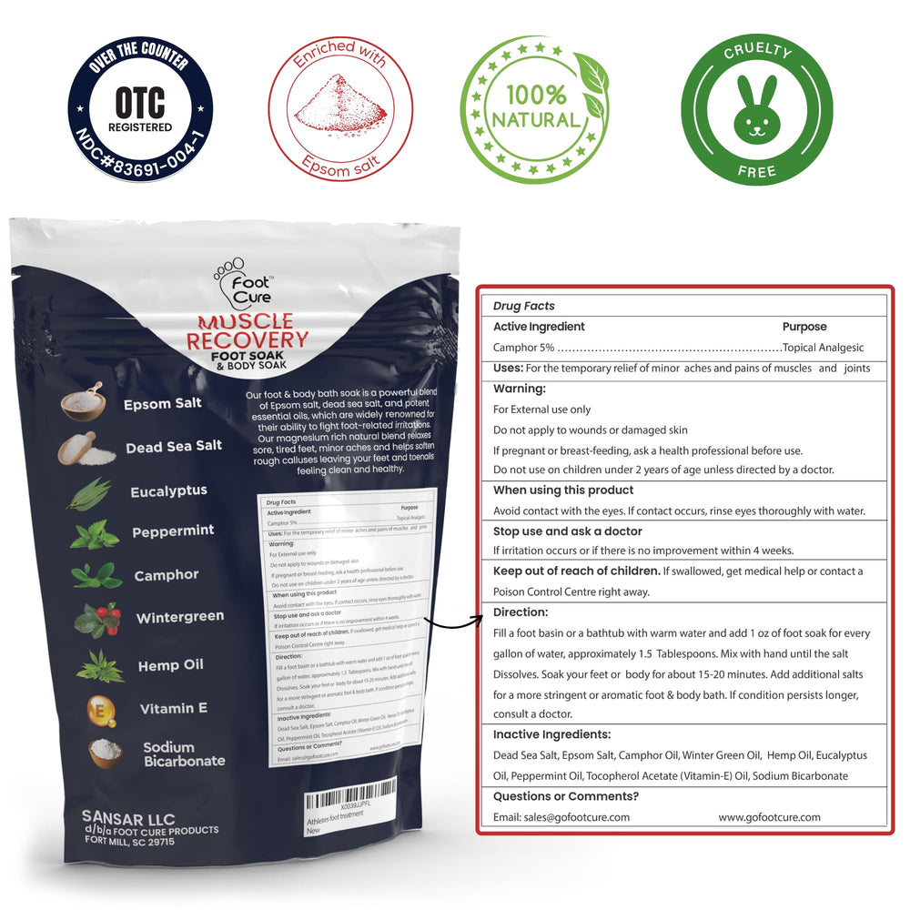FOOT CURE epsom-salts-closeup emphasizes soothing mineral bath benefits for tired feet.